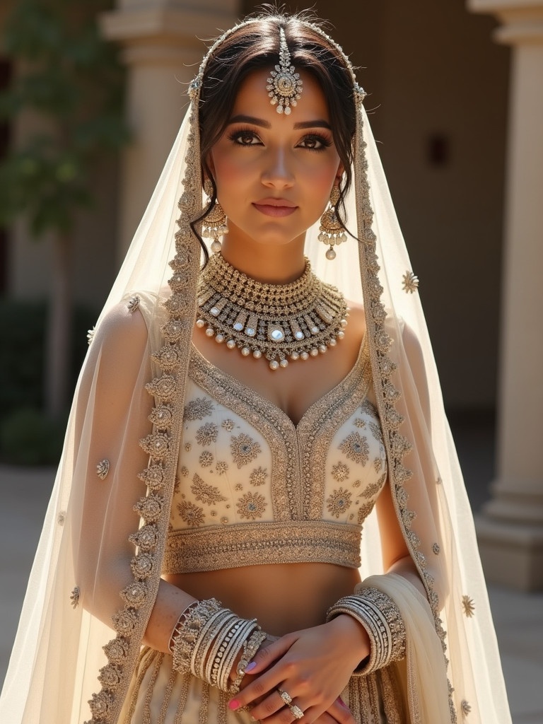 Indian bride wears a beige cream lehenga with intricate stone work. She accessorizes with traditional bridal jewelry. The outfit is elegantly designed. The setting is outdoor with soft lighting. The bride displays a graceful posture.