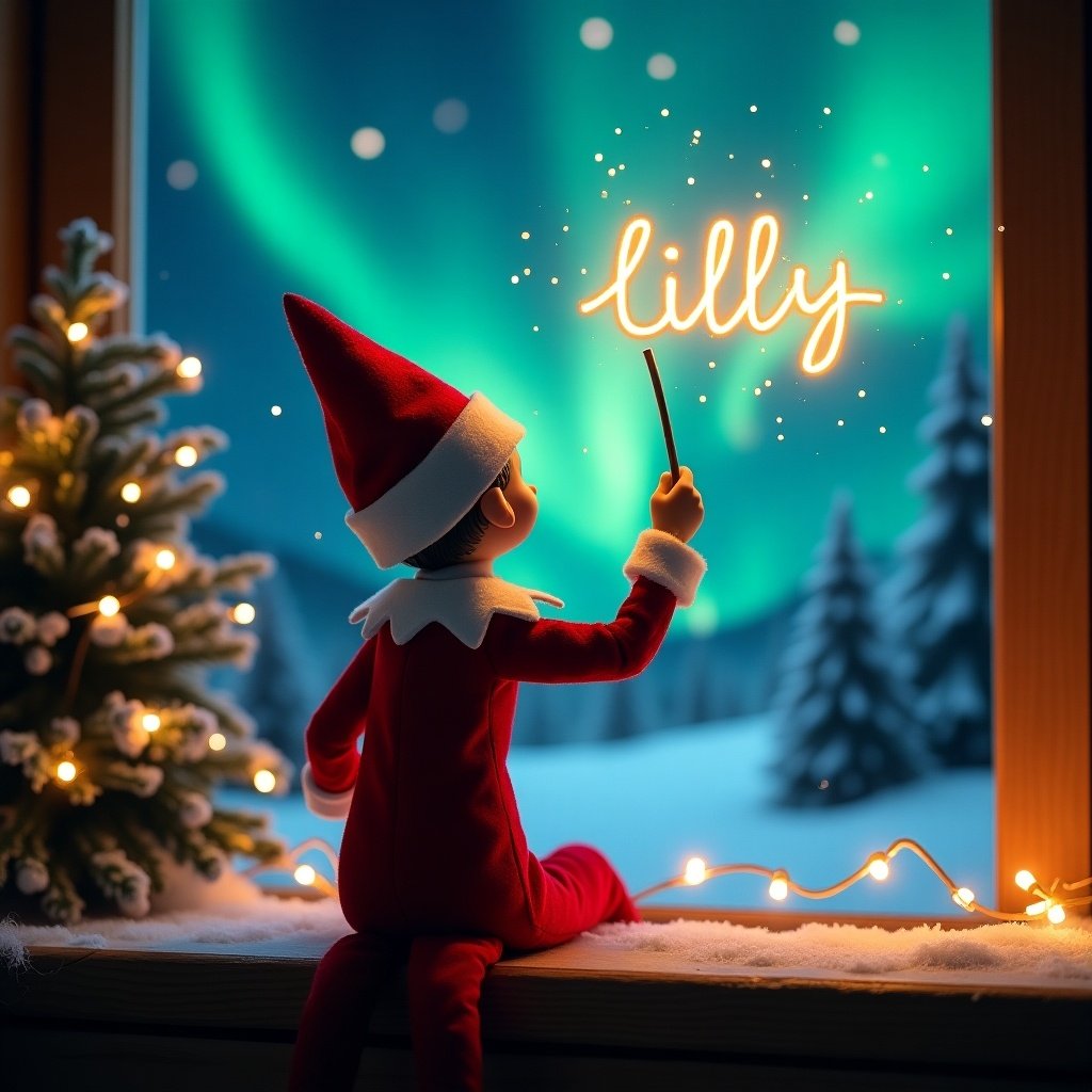 Enchanting Christmas scene with an elf on the shelf facing the sky. Elf wears red and white, holding a wand. Writing 'Lilly' in glowing script. Background has vibrant northern lights. The scene embodies the Christmas spirit with whimsy and excitement.