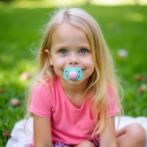 A 6-year-old girl with long blonde hair is sitting in a park. She wears a pink shirt and diapers. A big pacifier is in her mouth. She looks directly at the camera.