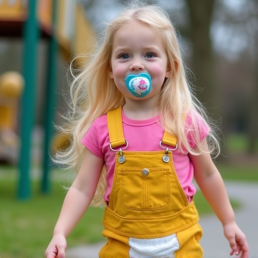 Girl smiling plays at school playground. She wears yellow dungarees with a pink t-shirt. Long light blond hair flows as she walks. Big pacifier sits in her mouth.