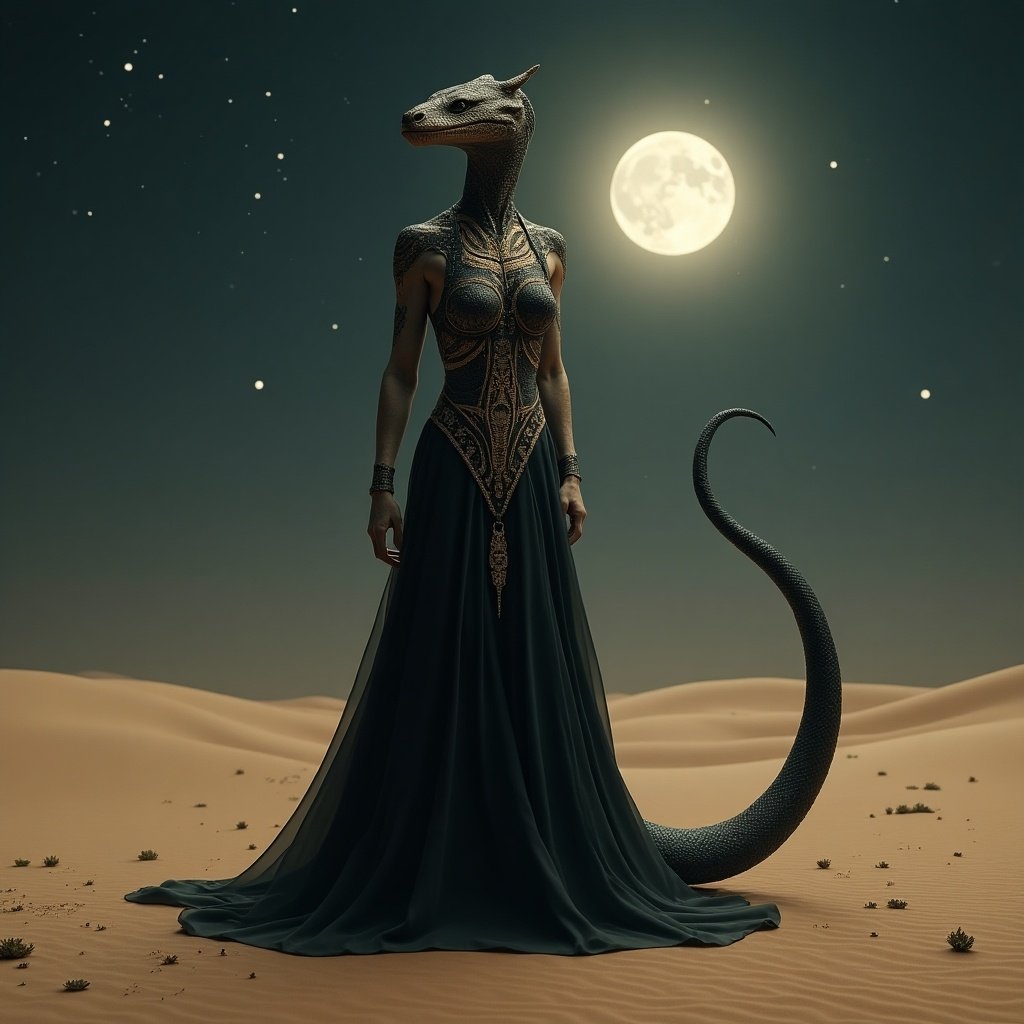 Humanoid figure has a snake tail. Figured adorned in a long black gown with gold patterns. Upper body shows reptilian attributes including a snake-like head. Bright moon illuminates the night sky. Stands in a desolate desert. Exudes strength and mystique, showcasing ancient mythology elements.