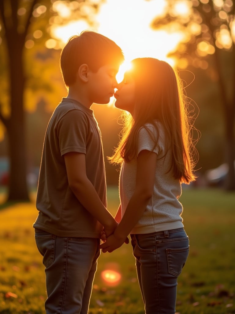 A girl and boy kissing each other in a park during sunset. Warm light surrounds them.