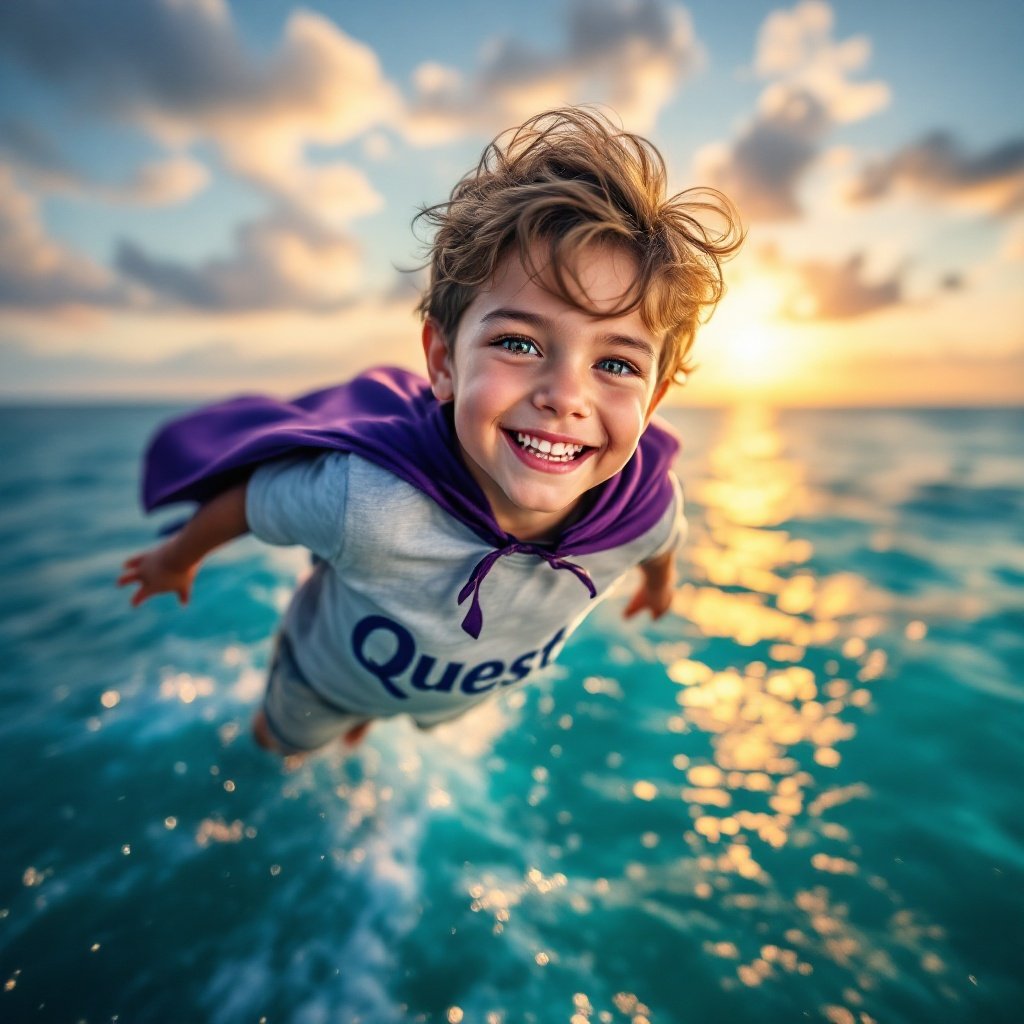 A confident happy Spanish boy is flying above the crystal Caribbean sea. He wears a purple cape and his shirt has the word Quest embroidered on it. The background shows a beautiful sunset with warm colors reflecting on the water.