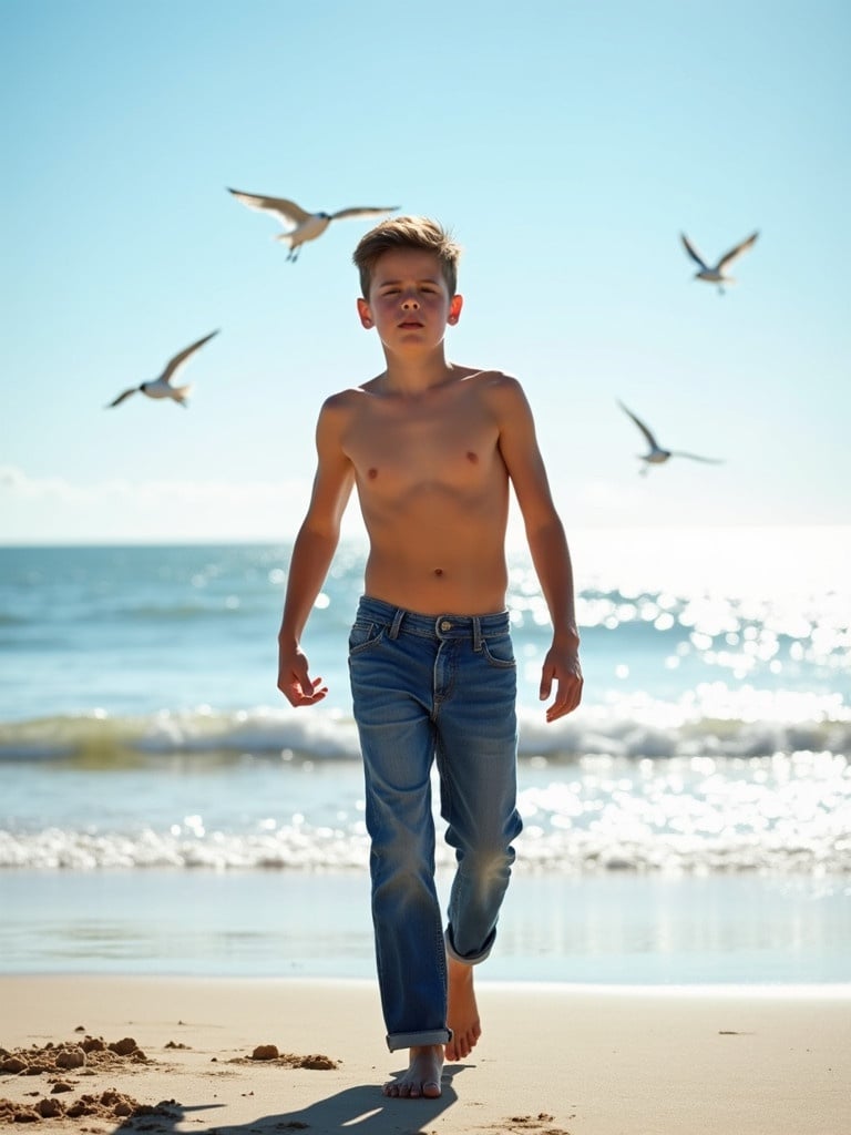 Young teenage boy walks on sandy beach. He wears low hanging denim jeans. Ocean waves shimmer under bright sunlight. Seagulls fly in the background.