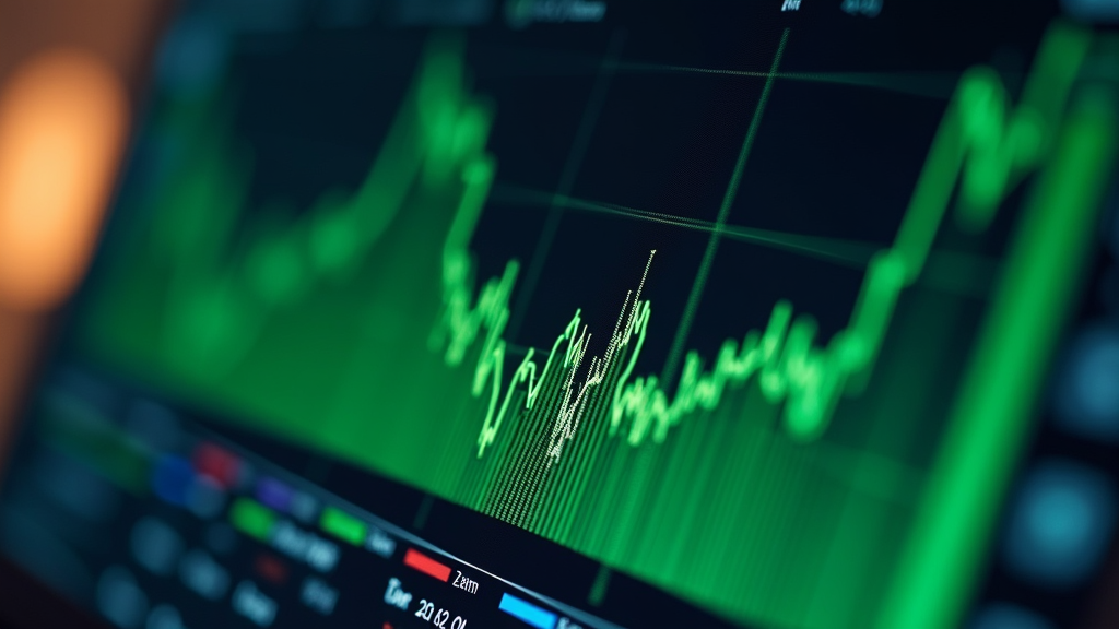 A digital screen shows a green financial line graph with fluctuating values.