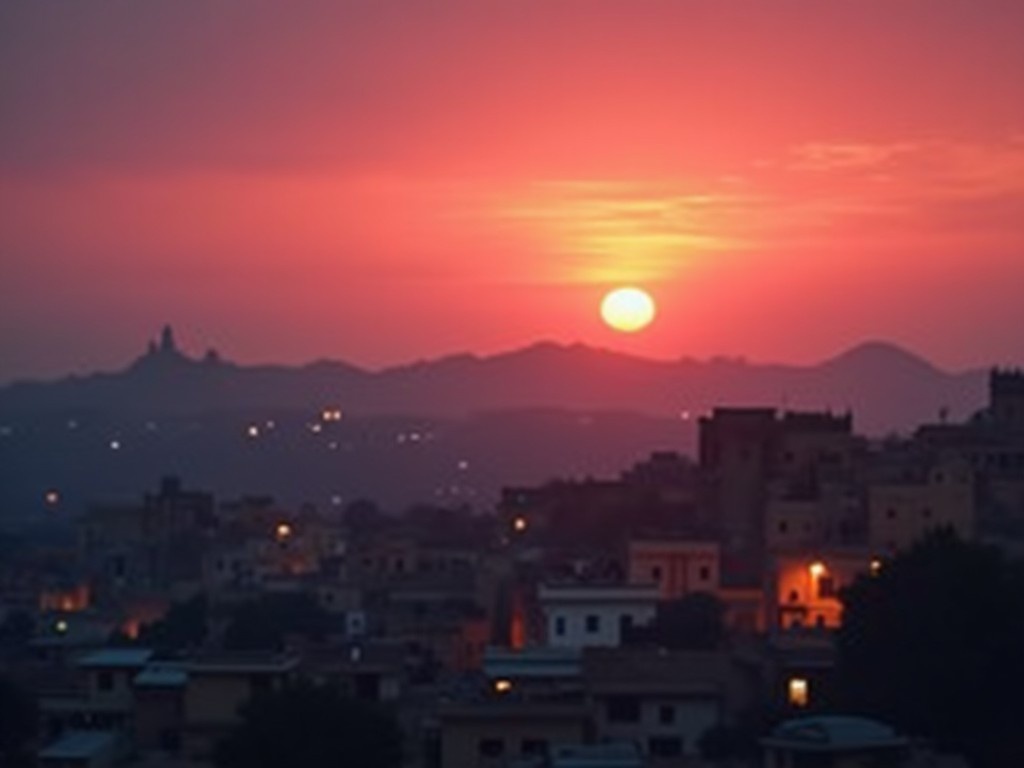 This image presents a softly blurred view of the Jodhpur skyline during dusk. The sky is painted in deep hues of pink and orange, creating a serene atmosphere. The sun is setting on the horizon amidst silhouettes of distant hills. The city shelves below are dotted with lights, hinting at life as evening approaches. This picturesque scene captures the essence of tranquility and the beauty of twilight in a vibrant city.