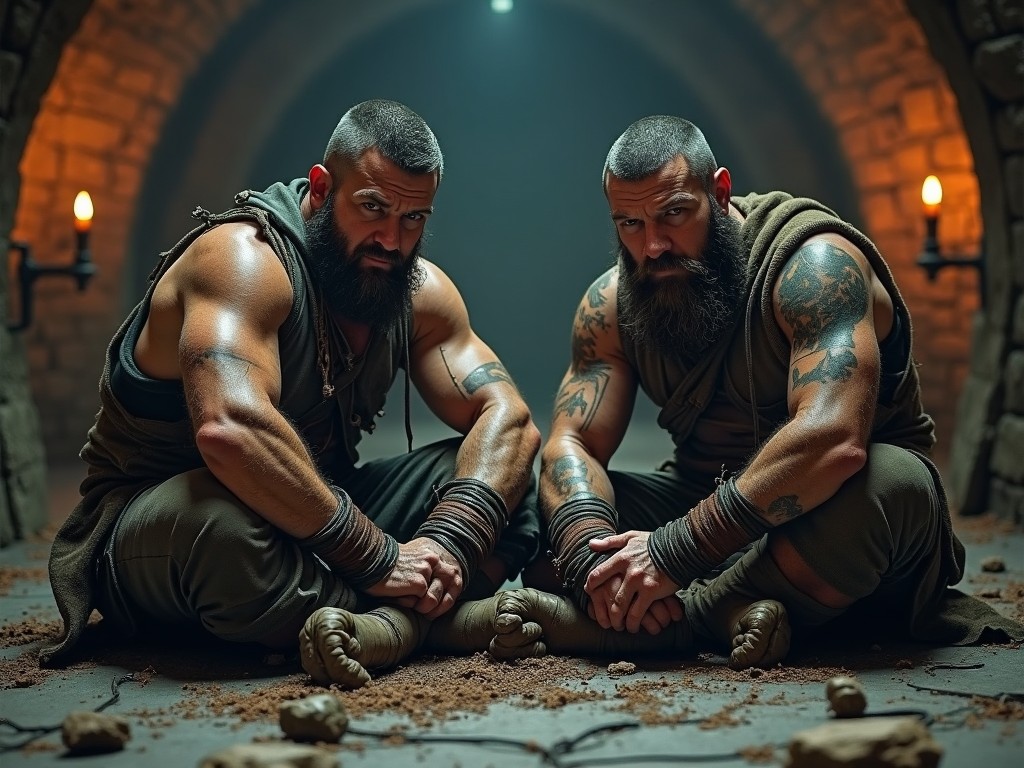 The image depicts two post-apocalyptic male warriors sitting on the dungeon floor. They are hog-tied and have strong, muscular physiques, adorned with scars and tattoos. The environment is dimly lit, highlighting stone walls and flickering candlelight. Their expressions convey a mix of defiance and strength despite their predicament. This scene encapsulates themes of survival and endurance in a harsh world.