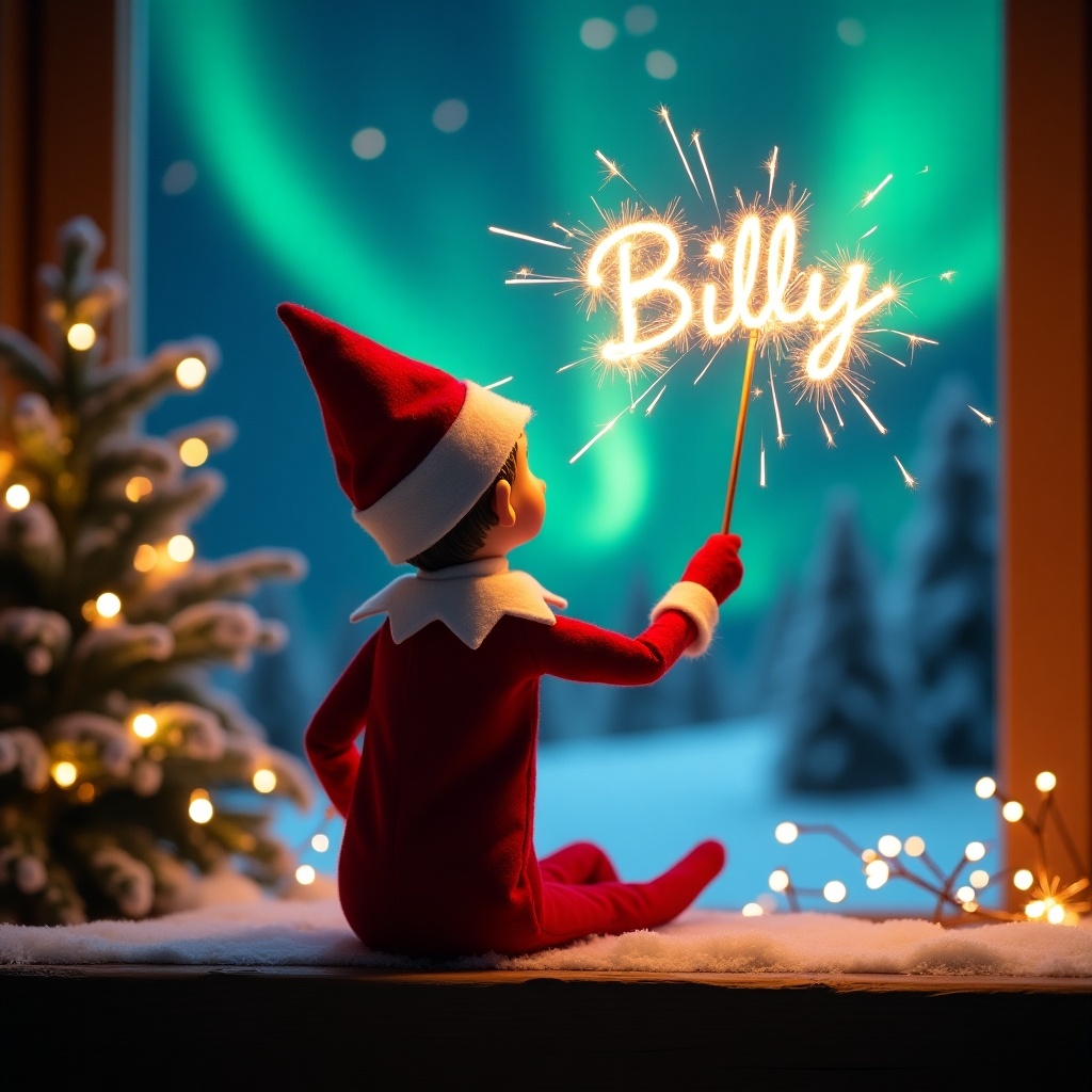 Enchanting Christmas scene with an elf in red and white. Elf sits facing the sky, writing 'Billy' in sparkler script. Background features vibrant northern lights. A whimsical twist celebrating the holiday spirit.