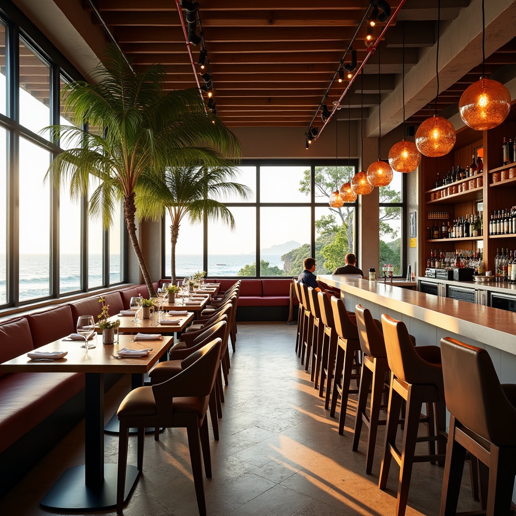 A restaurant and bar showcase a modern lively atmosphere. Features loft style with beachy elements. Showcases modern art and natural light. Seating capacity between 75 to 100 guests.