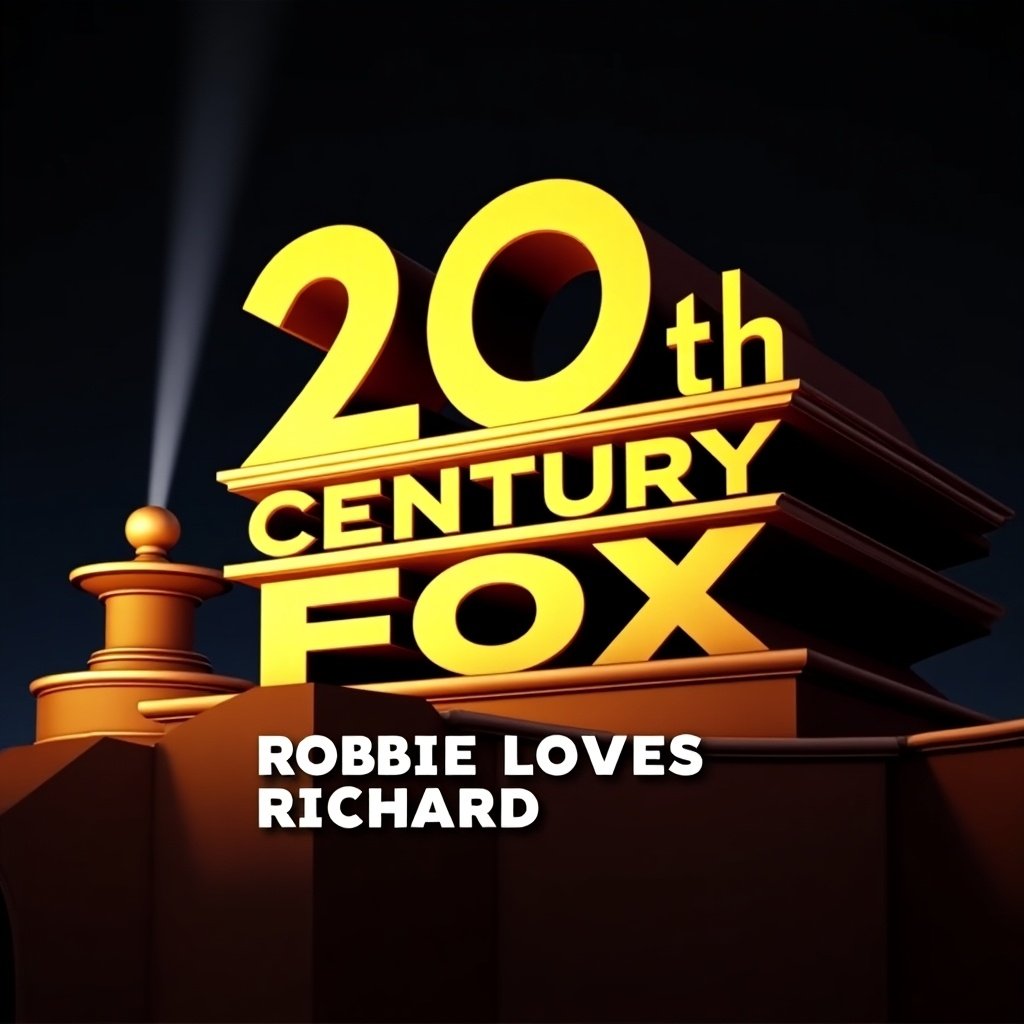 The image depicts a modified version of the iconic 20th Century Fox logo. Words '20th Century Fox' replaced with 'ROBBIE LOVES RICHARD'. Bright, bold design. Logo includes spotlight effect.