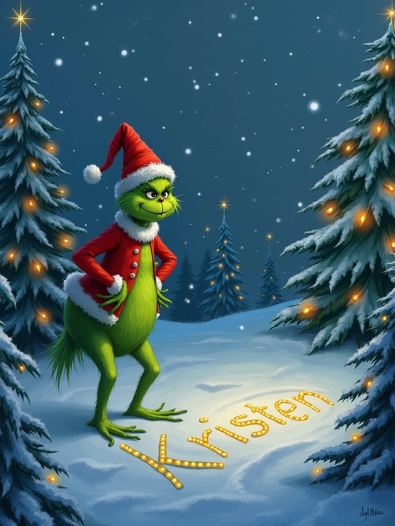 A green character known as The Grinch stands outside in the snow. Christmas trees with lights surround him. The Grinch writes the name Kristen in the snow with a joyful expression.