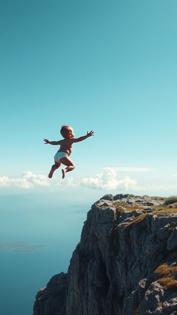 A digitally created image depicting a baby in mid-air, appearing to be joyfully jumping off a rocky cliff against a vast, clear sky. The composition is striking due to the contrast between the tender child and the rugged cliff, creating a surreal and whimsical atmosphere. The expansive background with the ocean and clouds enhances the sense of freedom and adventure.