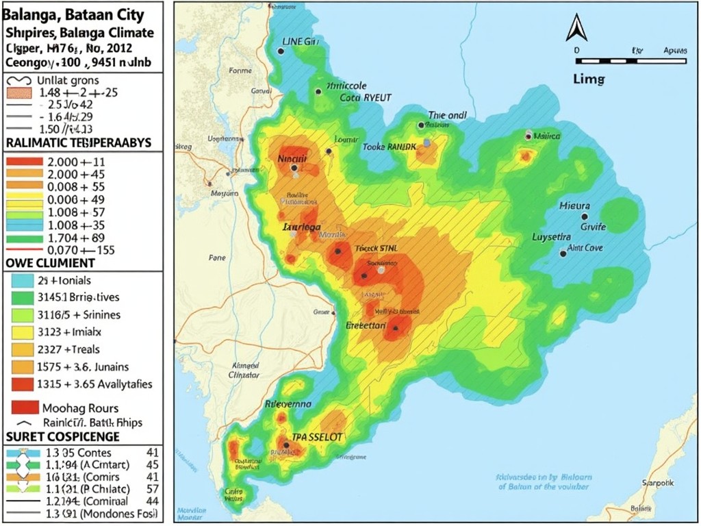 A topographical map of Balanga, Bataan City depicting temperature zones and population distribution with a colorful gradient scale.