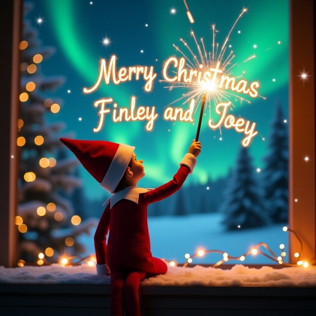 Enchanting scene of elf facing sky. Elf is dressed in red and white. Elf wields magic wand writing 'Merry Christmas Finley and Joey'. Backdrop has vibrant northern lights. Scene is festive and whimsical. Creates sense of wonder and holiday excitement.