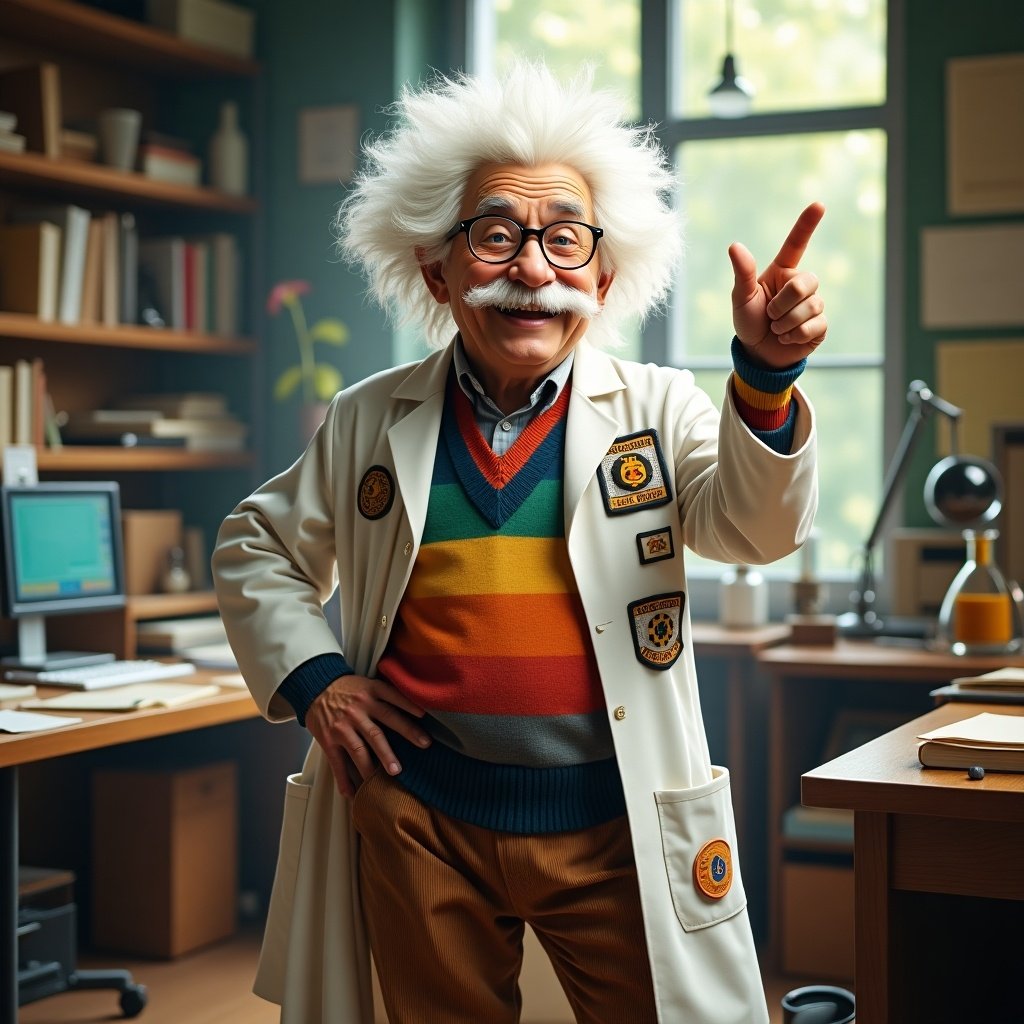 A jubilant scientist stands in a cluttered office filled with books and scientific instruments. He wears a white lab coat with colorful patches. His mismatched outfit includes a sweater vest and corduroy pants. The setting is illuminated with soft, warm lighting.