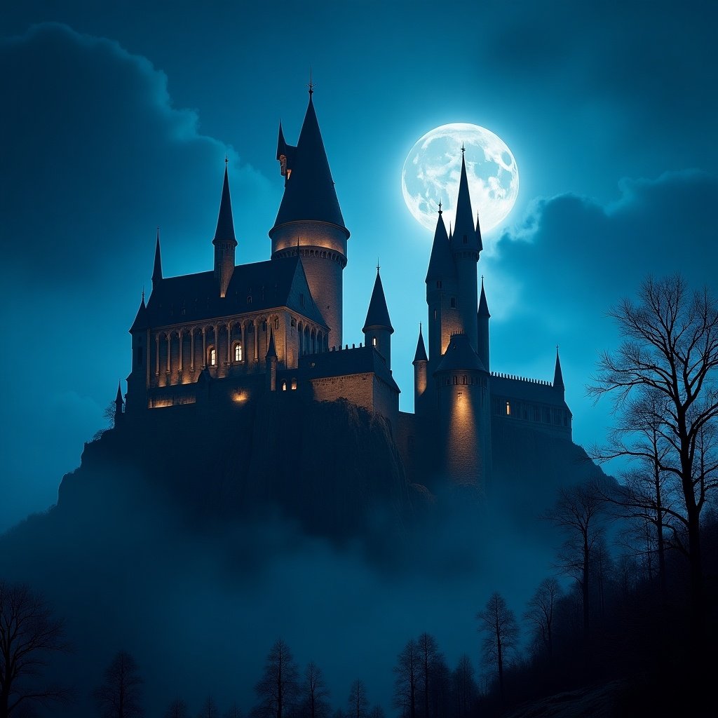 Mystical scene with a large castle at night. Castle is beautifully illuminated against a deep blue sky. Gothic architecture features tall spires and turrets. Setting feels serene yet adventurous. Invites into a fantasy world.