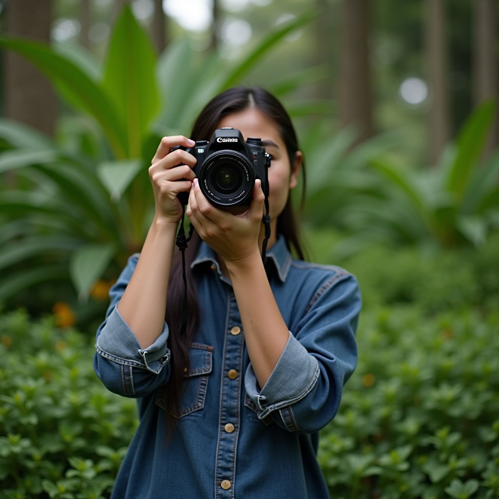 Person standing in a lush green area ready to take a photograph with a camera. The setting features tall greenery and is filled with natural light. The individual is dressed casually, indicating a relaxed yet focused approach to photography.