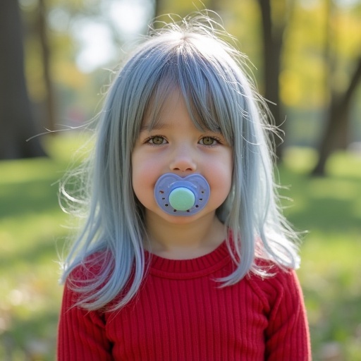 Ten year old girl with long silvery blue hair and emerald green eyes. She is wearing a red long sleeve ribbed top. The setting is a park with friends. A pacifier is in her mouth.