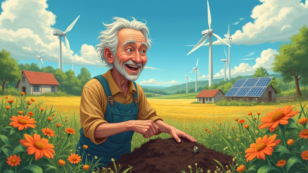 A heartwarming Solarpunk scene inspired by Studio Ghibli. An elderly farmer kneels on the ground. The farmer crumbles fertile soil between fingers. Appreciative expression. Background features a lush sustainable farm with diverse crops and flowers. Eco-friendly buildings with solar panels and wind turbines. Warm sunlight creates a magical glow. Detailed whimsical art style reminiscent of Ghibli films.