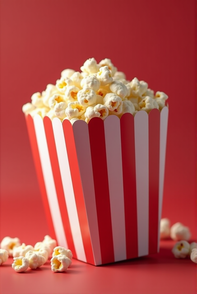 A striped box overflows with freshly popped popcorn against a red background.