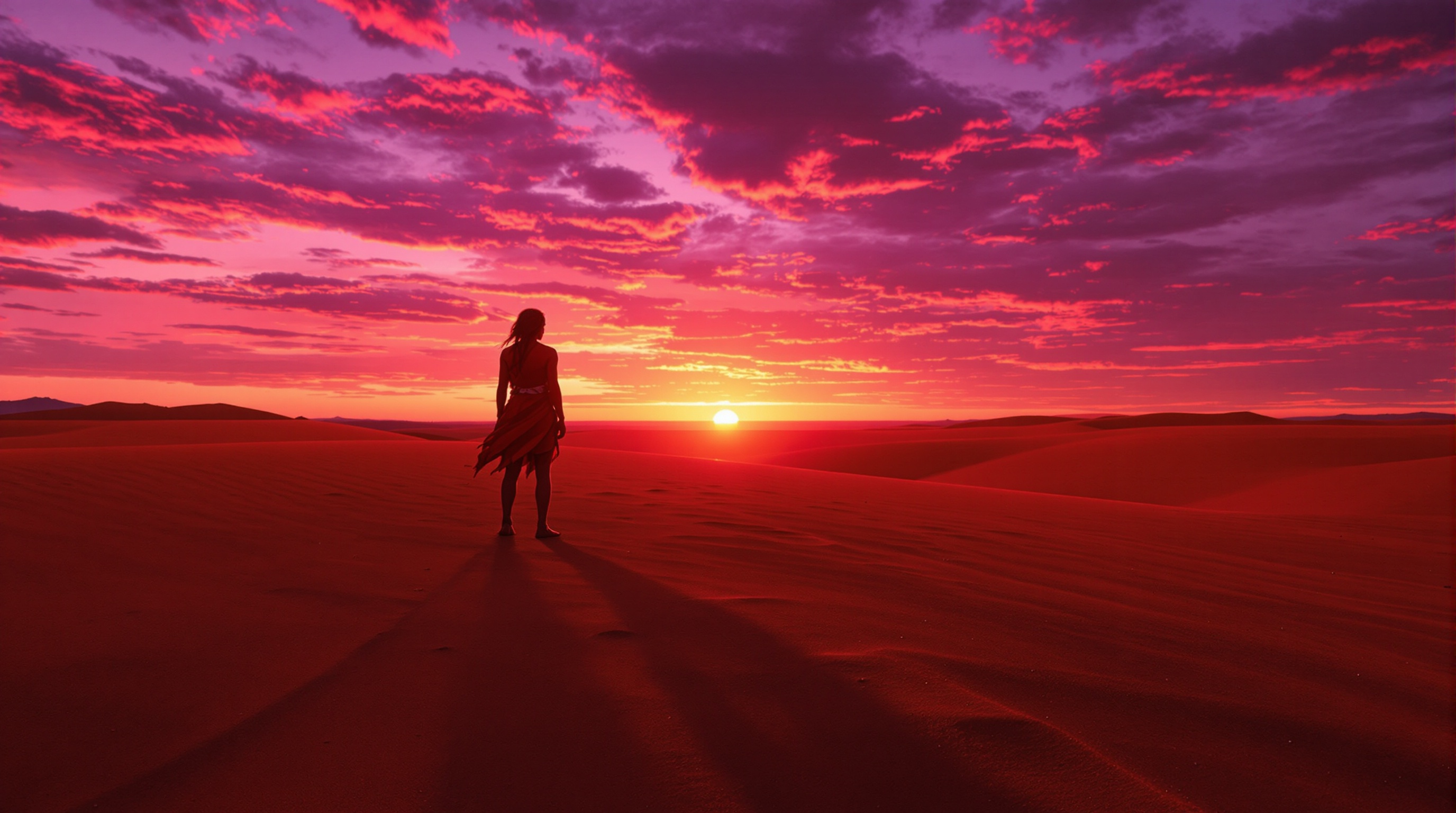 Lo-fi photography showcasing an Aboriginal person silhouetted against a colorful sunrise in the Australian red desert.