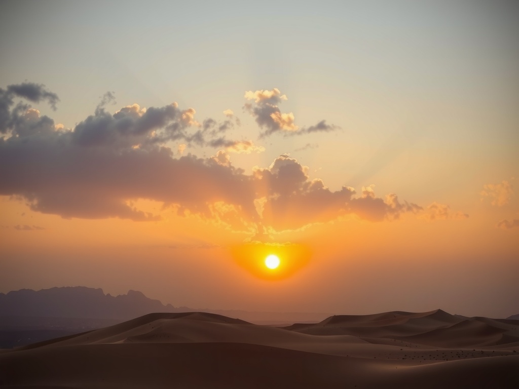 A picturesque sunset over a vast desert with rolling sand dunes and scattered clouds.