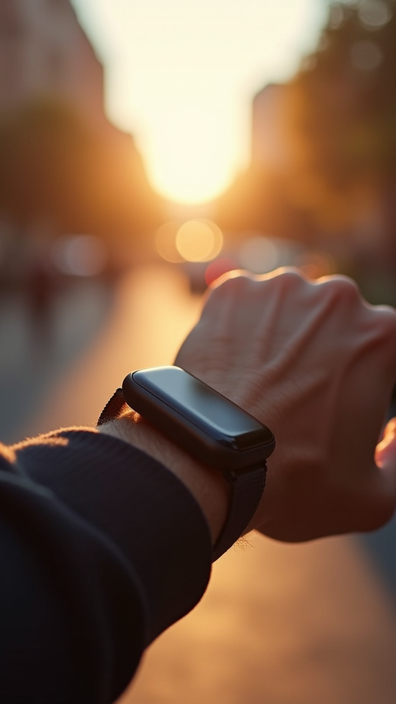 A person wearing a smartwatch looks at their wrist during a sunset on the street.