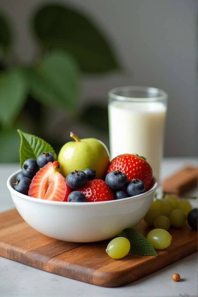 A bowl of fresh fruits with a glass of milk on a wooden board.