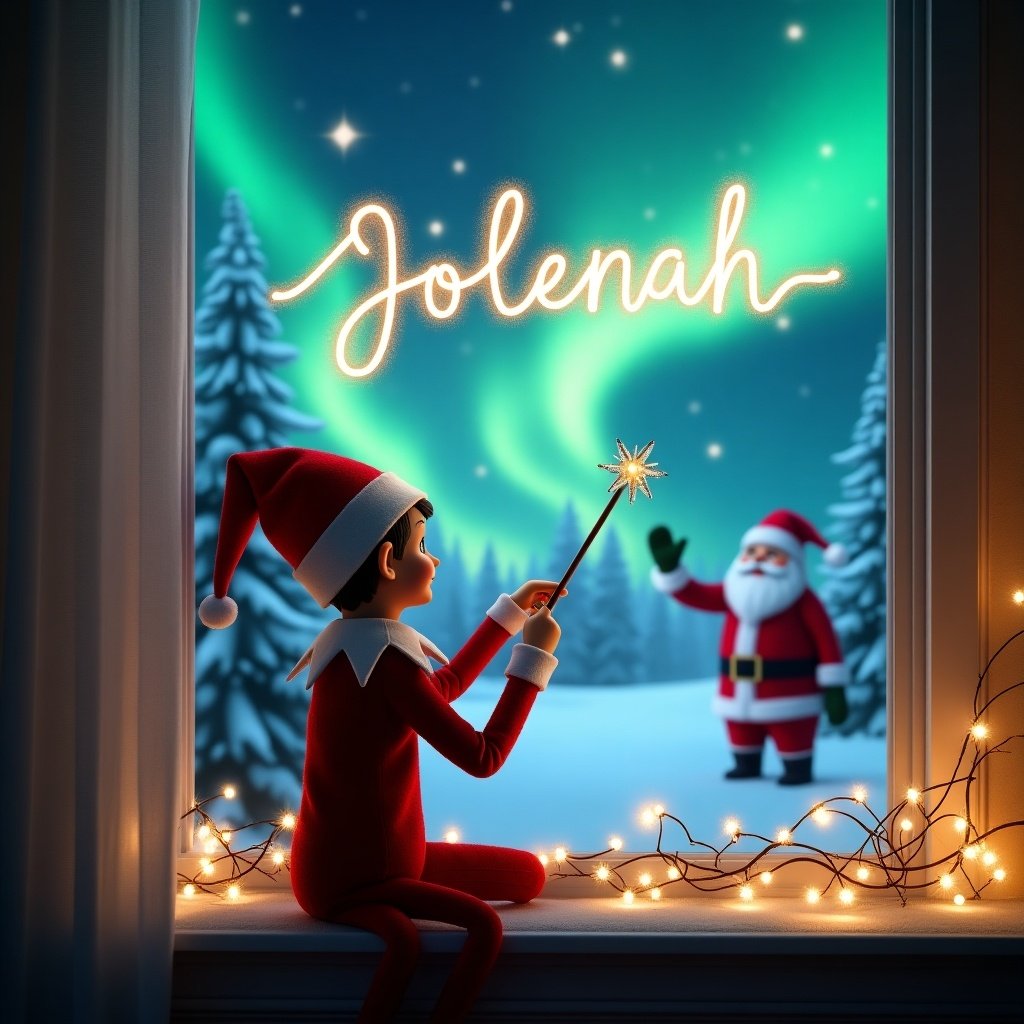 An enchanting scene featuring an elf on the shelf, with his back to the viewer. The elf is sitting on a windowsill, using a wand to elegantly write the name 'Jolenah' in the sky. The backdrop is a magical Christmas landscape, showcasing vibrant northern lights and a joyful Santa Claus in the distance. Snow-covered trees add to the festive ambiance, while twinkling lights create a warm atmosphere. The elf appears focused and joyful, embracing the spirit of Christmas as he casts his magic.