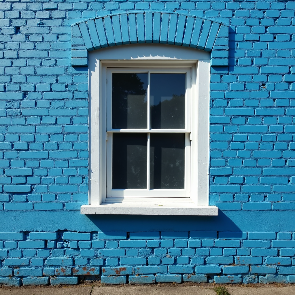 A vibrant blue brick wall with a white framed window casts shadows in the sunlight.