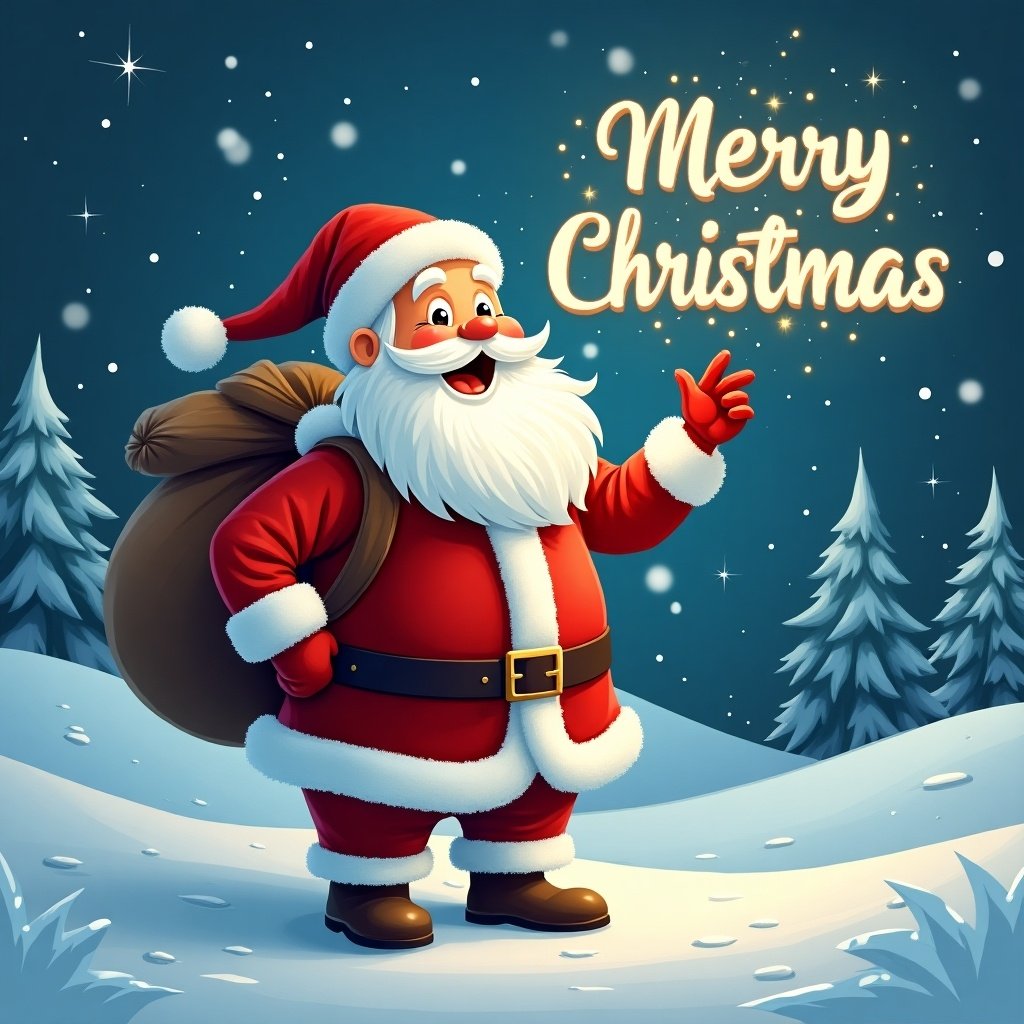 Jolly Santa Claus stands in a snowy landscape. Santa holds a sack and is waving. Bright text says Merry Christmas with sparkles. Winter trees are in the background. It's a cheerful holiday scene.