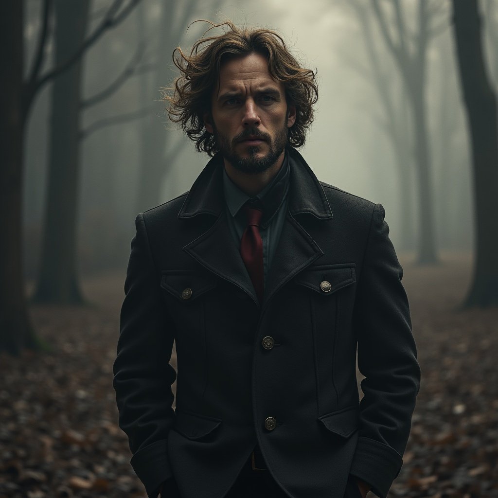 The image depicts a man standing solemnly in a foggy forest, representing his internal struggle. He appears conflicted, as if he is hiding his true self. His tousled hair and intense gaze reflect his fear of being alone. The dark, muted colors and soft lighting enhance the sense of mystery surrounding him. This portrait captures the essence of a man grappling with his identity and the deceptive nature of his existence.