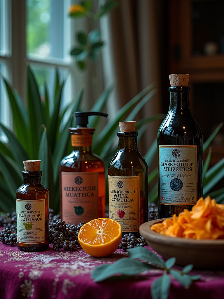 A collection of herbal bottles and an orange half are artistically arranged against a backdrop of lush green plants and a window.