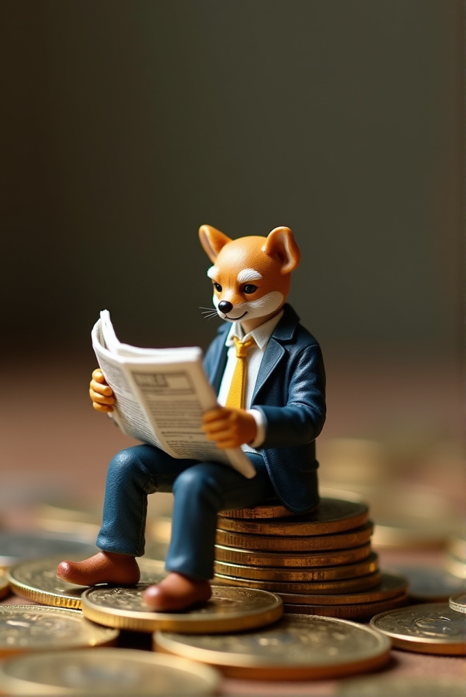 A fox figurine in a suit reads a newspaper while sitting atop a stack of coins.