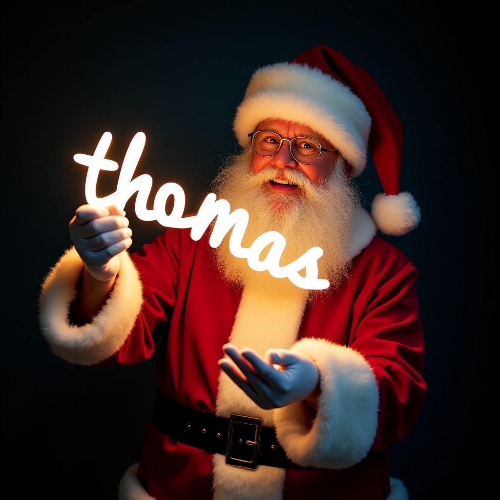 Santa Claus in traditional red and white suit holds a glowing text that reads 'thomas.' Jolly expression. Dark background highlights the glow. Scene reflects Christmas magic and joy.