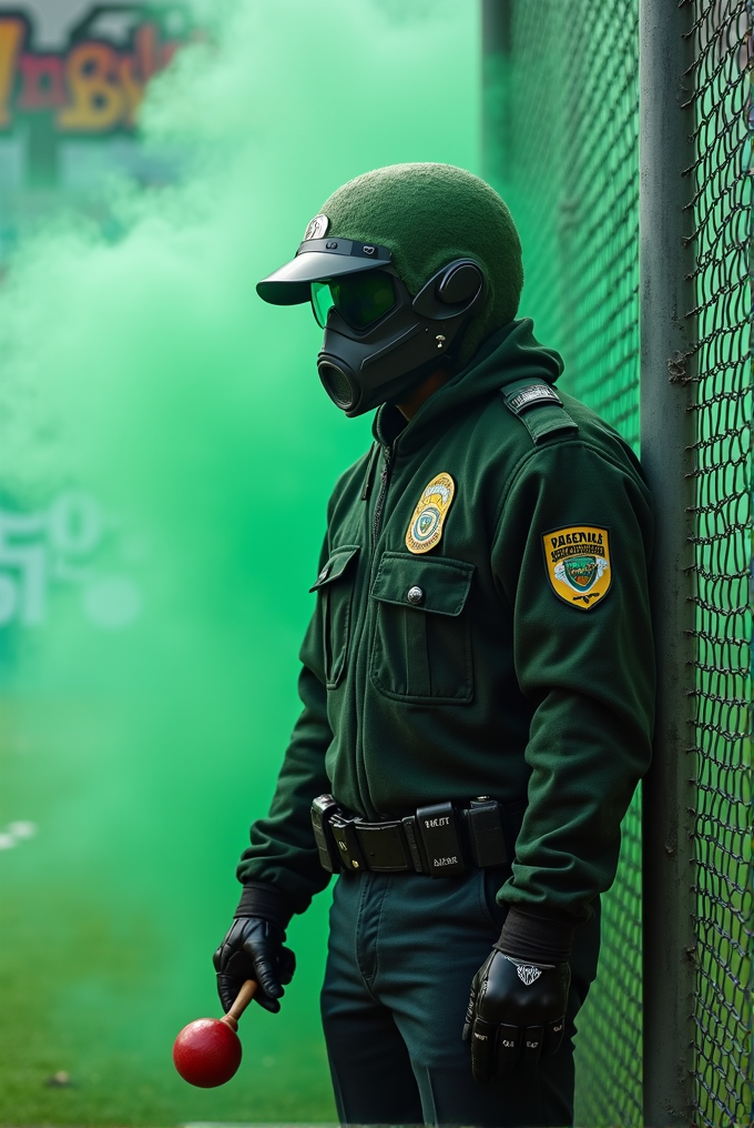 A security officer in protective gear stands against a chain-link fence with green smoke in the background.