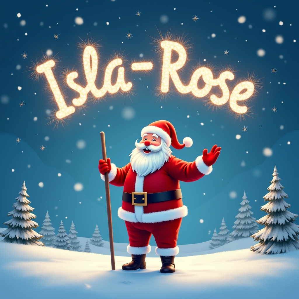 In a snowy landscape, Santa Claus stands joyfully, holding a staff. He wears his iconic red suit, which contrasts beautifully with his white beard against a blue sky. Snowflakes fall gently around him, and a magical glow lights up the snowy ground. Above him, in the sky, sparkles form the name 'Isla-Rose' in a whimsical manner. This scene radiates joy and invites viewers into a festive wonderland, capturing the spirit of Christmas.