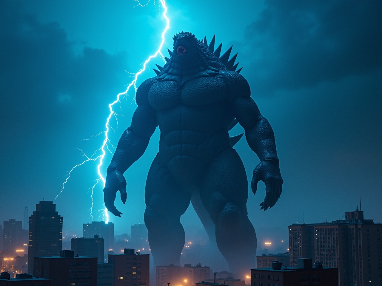 Close-up of Megalon, a towering kaiju, dominating a cityscape with electric blue lightning illuminating its scaly texture. Dark clouds loom overhead, creating a dramatic atmosphere. The high contrast lighting highlights vibrant colors, giving a cinematic feel reminiscent of classic monster movies. The city below appears small in comparison to the colossal figure of Megalon, adding to the sense of scale. This image captures the essence of nostalgia for kaiju films while incorporating modern dramatic aesthetics.