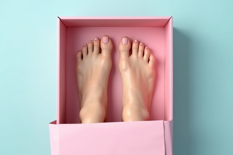 A pair of realistic female feet displayed inside a pink box. The feet are well-groomed with painted toenails in a soft pastel palette. Background features a light blue color.