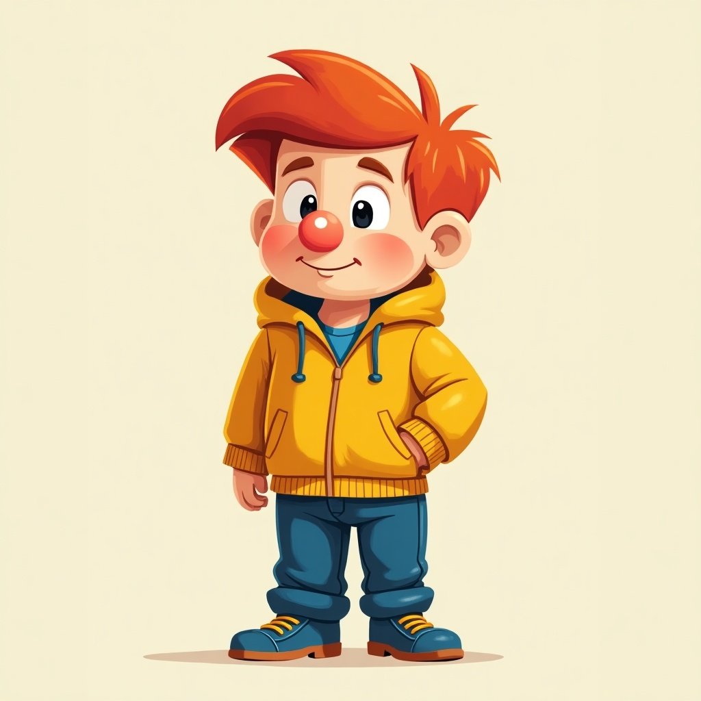 Cartoon boy character with red hair. He has a big nose. He wears a yellow jacket and blue shoes. The background is light beige.