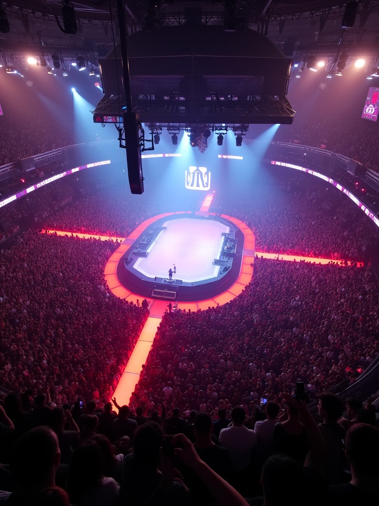 Travis Scott performs at Madison Square Garden. Surrounding audience fills the area. Circular stage design features a T shape. Aerial view from drone captures the scene. Intense lighting effects create an energetic atmosphere. Event highlights the artist's performance.