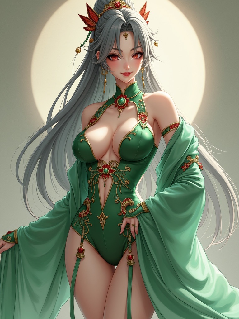 Mature adult female character inspired by Genshin Impact. Long dark grey hair adorned with accessories. Wearing a jade green outfit with red and gold details. Features sheer tights and high heels. Represents Anemo powers.