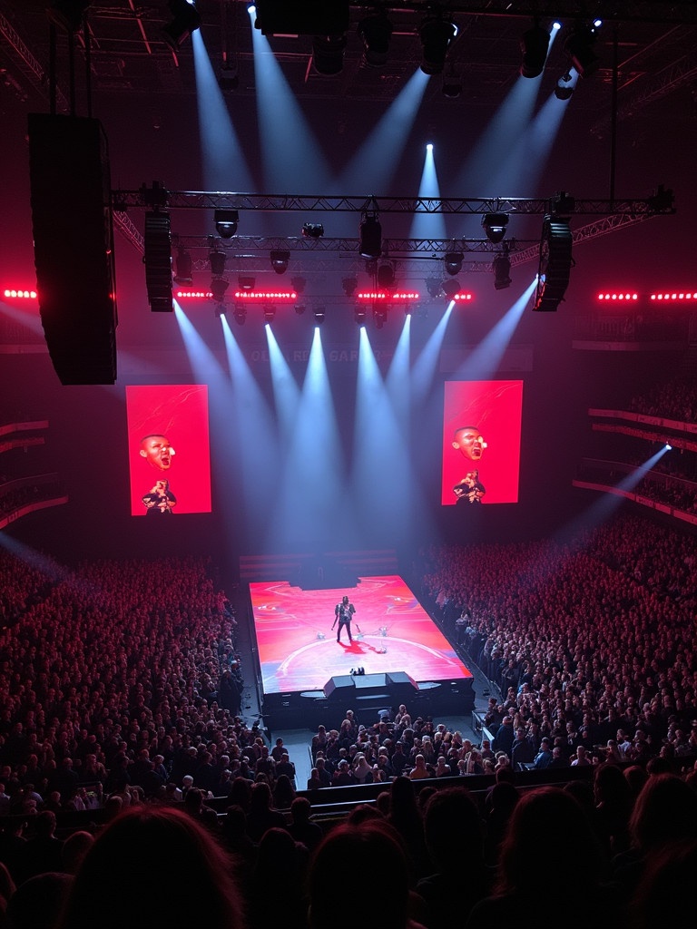 A concert scene featuring a performer on stage at Madison Square Garden. The view is from above the audience capturing the T stage. Strong lighting effects and a vibrant crowd can be seen.