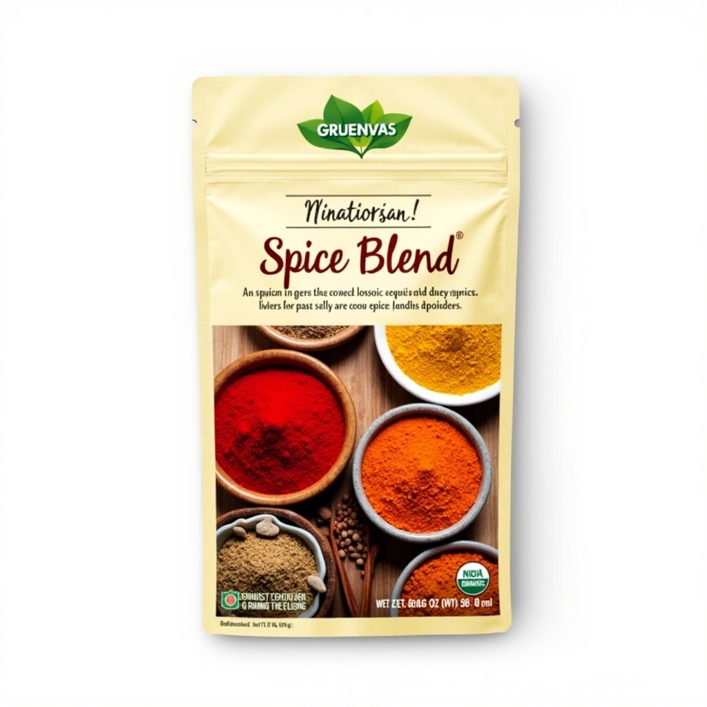 This image displays a packaged spice blend featuring a variety of colorful spices in bowls. The vibrant hues of red, orange, and brown suggest rich flavors, ideal for elevating dishes. Set against a neutral cream background, the colors of the spices stand out prominently. The packaging is attractively designed and reads 'Spice Blend', likely appealing to culinary enthusiasts. With nutritional information visible, this spice blend invites users to explore new recipes and flavors.