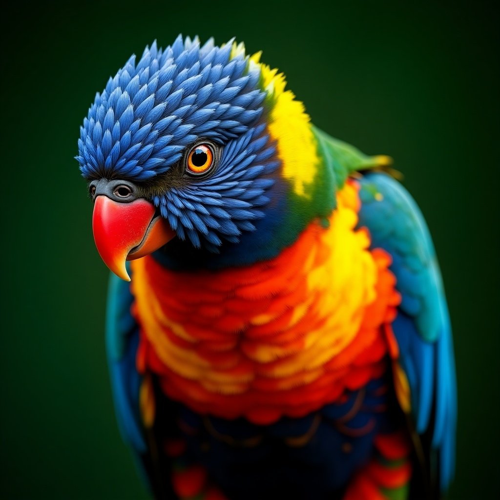 Close-up of a vibrant parrot against a green background. The feathers display bright blues, yellows, reds, and oranges with intricate patterns. The eye of the parrot is lifelike and sharp.