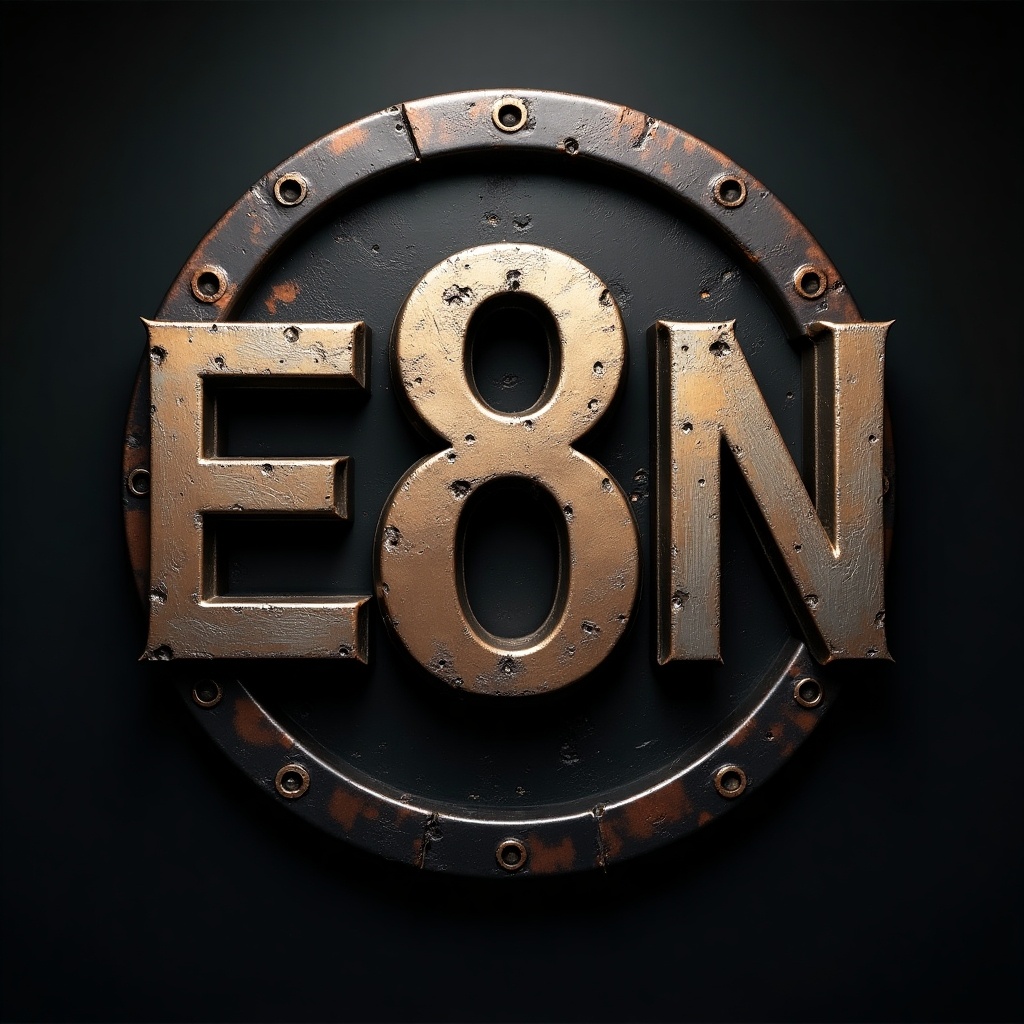 This image features a logo prominently displaying the letters 'E8N' in a metallic style. The letters are bold and crafted to have a rugged appearance with a hint of rust. They are set against a dark background to create a striking contrast. The logo is encircled by a round metallic frame, giving it a robust, industrial feel. The texture of the metal shines under dramatic lighting, accentuating its depth and making it visually appealing.