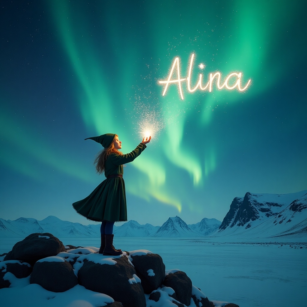 In a magical landscape, a girl dressed as an elf stands on a rock at night, gazing at the sky. She casts sparkles of magic into the air, creating an enchanting scene. The northern lights arc majestically overhead, bathing the surroundings in ethereal glow. Snow covers the ground, contrasting with the dark rocks around her. Her expression is one of wonder and adventure as she seemingly writes the name 'Alina' in the sky with her magic sparkles.