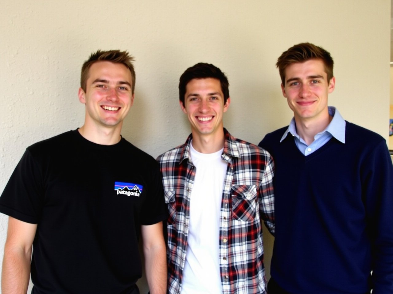 The image shows three young men standing close together against a textured, light-colored wall. They are smiling and appear to be enjoying each other's company. The man on the left is wearing a black Patagonia shirt, while the middle man has a white shirt under a plaid button-up. The man on the right is dressed in a navy blue sweater over a collared shirt. Their hairstyles are neat and they have a casual, friendly demeanor. In the background, there seems to be some artwork faintly visible on the wall behind them.