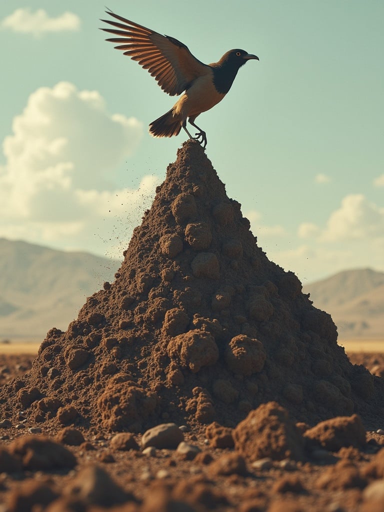 A bird stands proudly on a large mound of dirt. The scene depicts a humorous take on wildlife behavior. The background features mountains and a clear sky. The focus is on the bird and its environment. Natural light enhances the earthy tones.