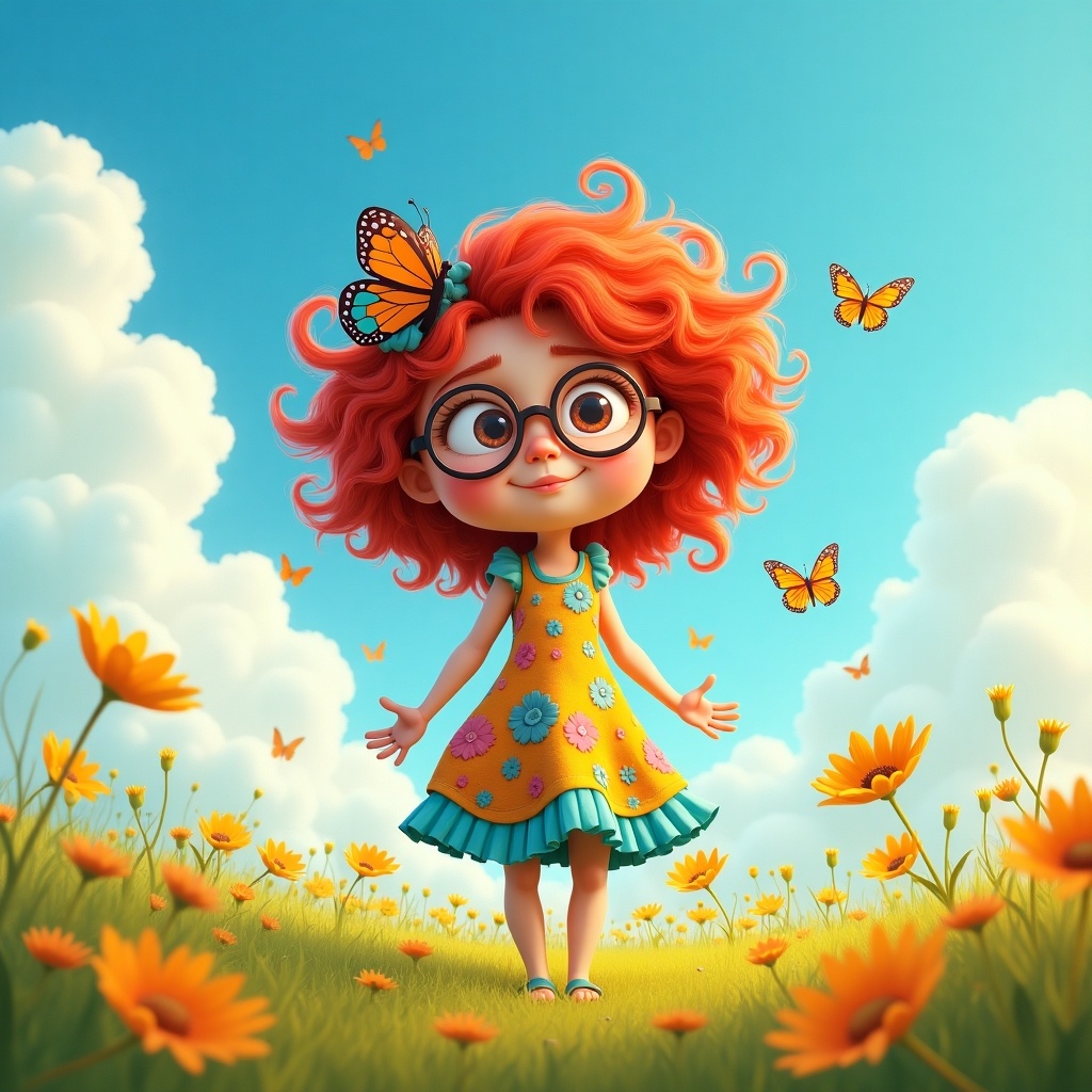 A cheerful cartoon girl named Elsie stands in a field of flowers under a bright blue sky. She has vibrant red curly hair adorned with a butterfly and wears a colorful dress with floral patterns. Butterflies flutter around her, creating a lively atmosphere. The scene is filled with yellow flowers swaying in the gentle breeze. The sky is dotted with soft white clouds, enhancing the joyful setting. This captures a moment of pure happiness and connection with nature.